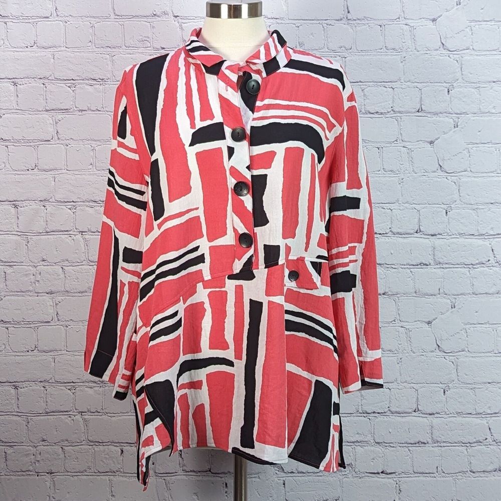 Ali Miles Size XL Tunic 3/4 Sleeve Pink White Black Abstract Art to Wear Top